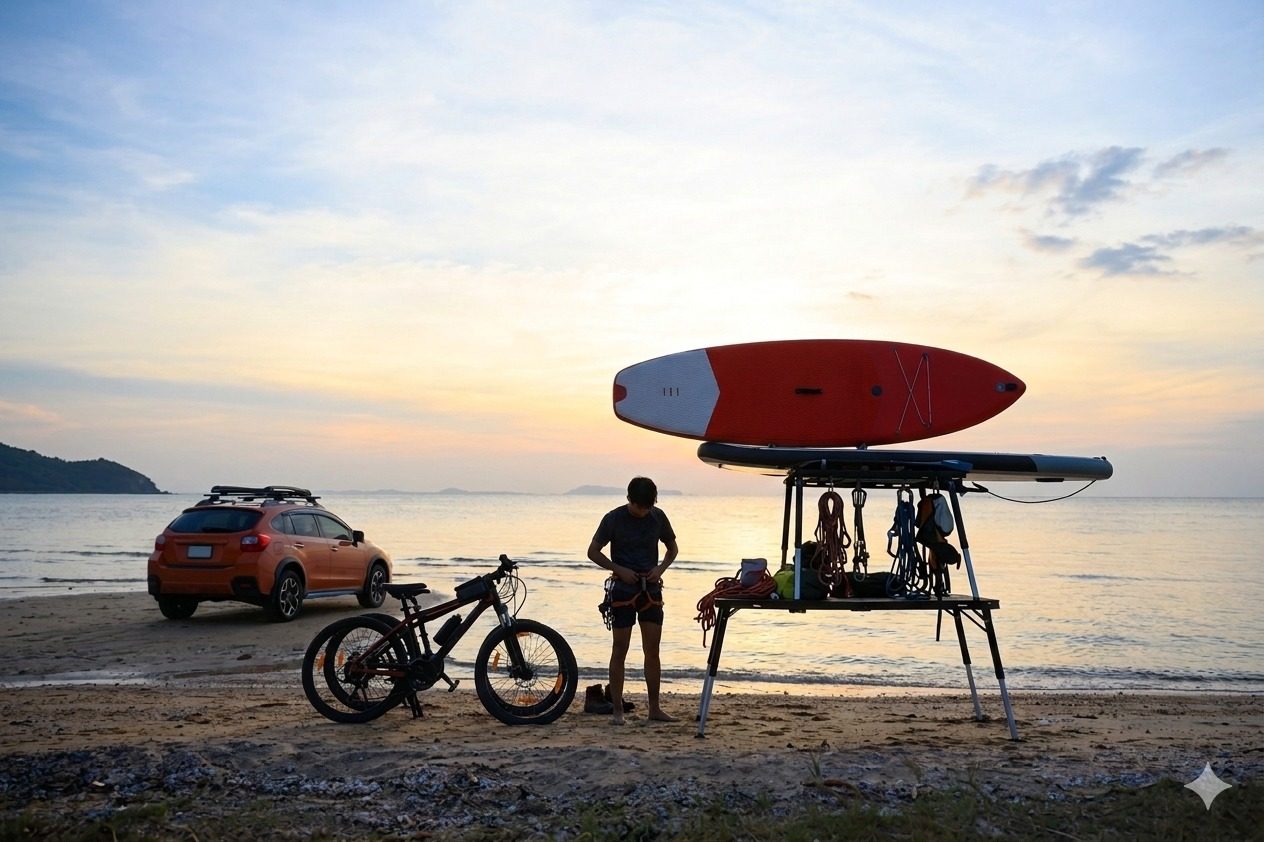 Bikes, a paddleboard and climbing gear loaded onto the platform at a beach trailhead