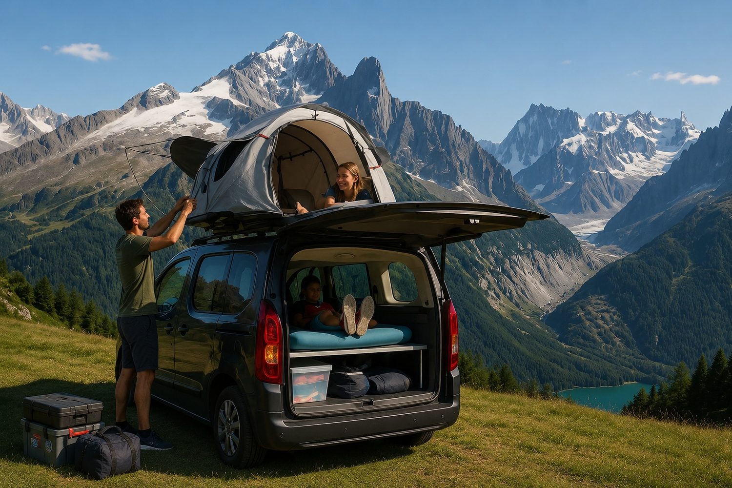 A family setting up a rooftop tent on their car in the mountains