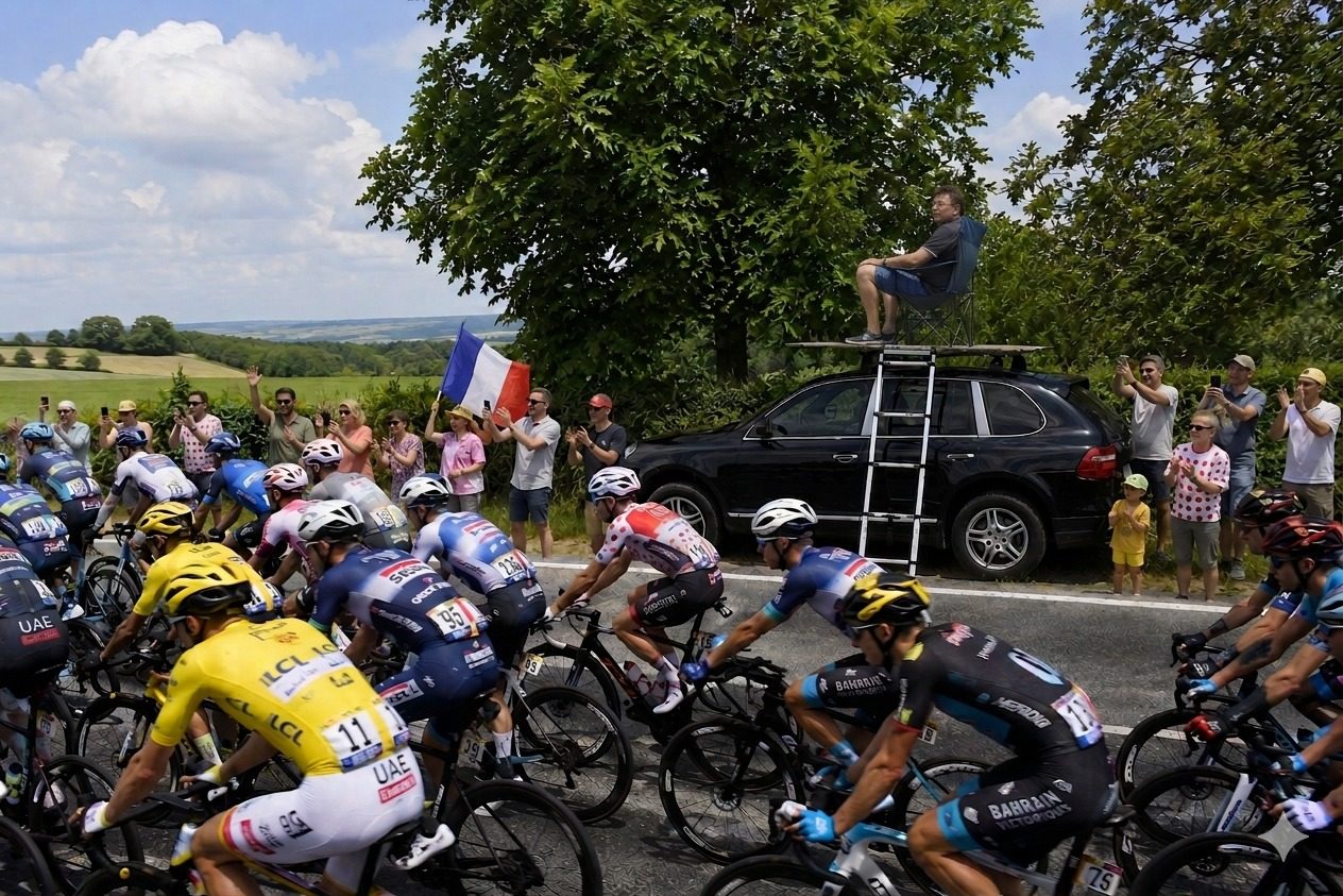 A spectator sitting on the platform above their car for a front-row view of a cycling race