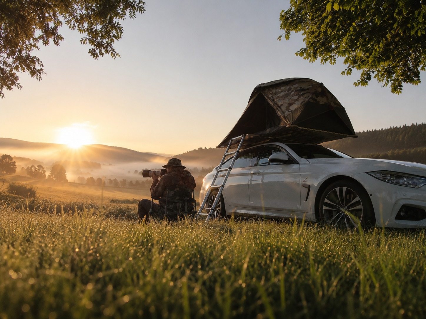A photographer shooting at sunrise next to a car with a rooftop tent set up